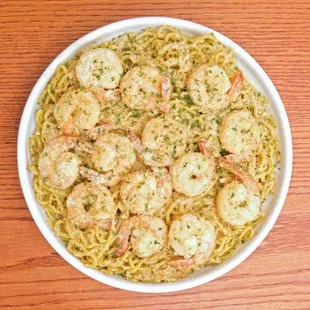 Sharky's original jumbo shrimp scampi with garlic noodles