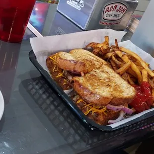 Queen of the doublewide burger qnd homemade fries.