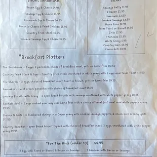 Breakfast menu