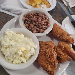 Fried Chicken, Black eyed peas,potato salad and fried cornbread!!