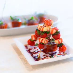 Appetizer Bites Tomato, Fresh Mozzarella &amp; Basil Tower w/Raspberry Balsamic Dressing