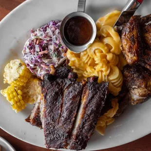 Roasting Works BBQ Platter for Two ($48) Ribs, 1/2 Roast Chicken, Brisket (under the ribs), Sourdough Mac N Cheese, Slaw &amp; Corn