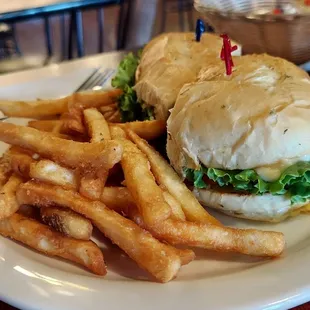 Italian chicken focaccia sandwich and fries.