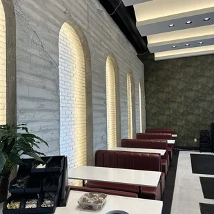 a row of tables in a restaurant