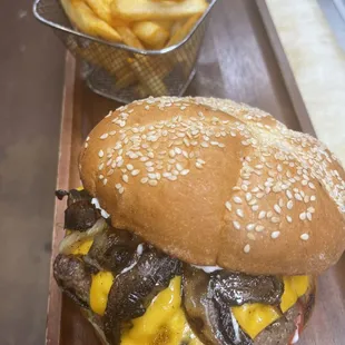 Mushroom cheese burger with fries