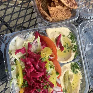 Shawarma Bowl with beef, extra hummus and pita chips