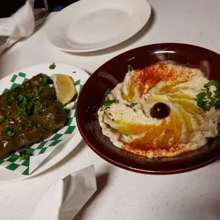 Grape leaves, and boba ganoush