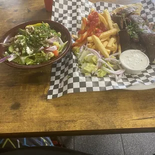 Gyro lamb platter and Greek salad