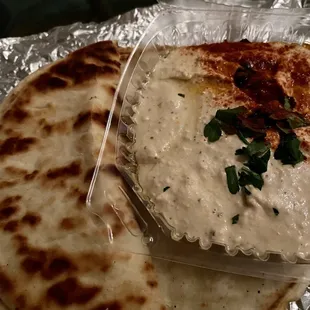 Homemade hummus and pita bread.