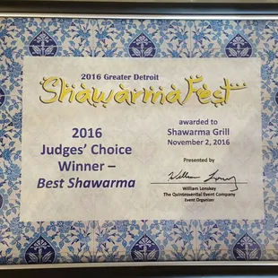 Received the 2016 Greater Detroit Shawarma Fest award for best shawarma by both the judges' and people's choice !