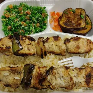 Chicken kabob , rice, eggplant, tabbouleh