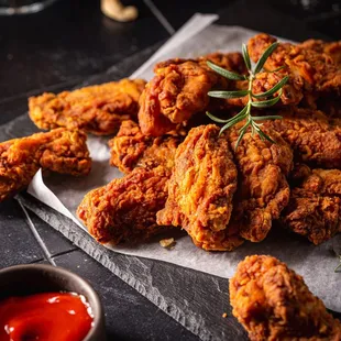 a pile of fried chicken with ketchup