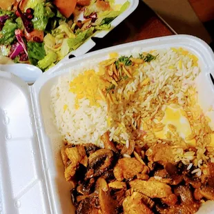 Chicken saute with rice and salad. Best thing on the menu, especially with the salad.