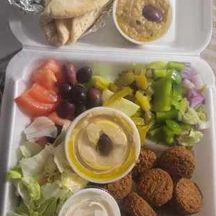 Falafel plate with a small side of baba ghanoush.