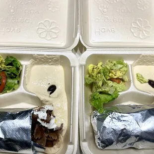 Left: gyro sandwich right: falafel sandwich. Both are deliciousssss