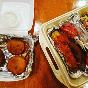 Chicken kabob, beef kabob, potato kibbeh and wheat kibbeh.  Everything is very good!