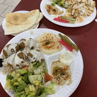 Chicken Shawarma Plate, peta bread, and Falafel Plate (vegetarian). Yum!