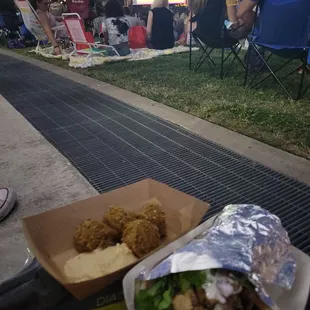 Chicken shawarma and falafel bites with hummus