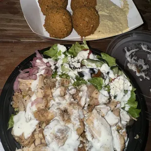 Chicken Shawarma Plate and Falafel Bites with hummus