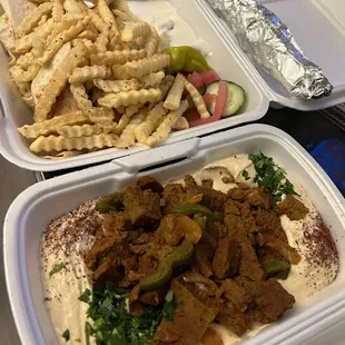 Shawarma Over Hummus and Chicken Shawarma Platter