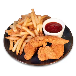 a plate of fried chicken with fries and ketchup