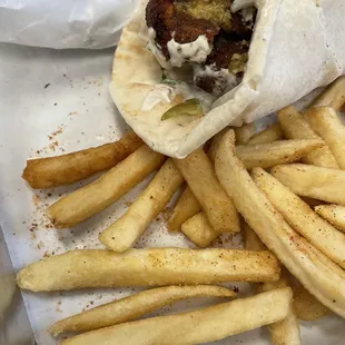 Falafel Wrap, but in a pita with a side of fries.