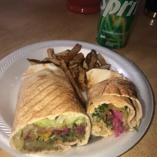 Falafel sandwich, chicken shawarma and fries