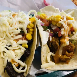 Beef and chicken shawarma tacos