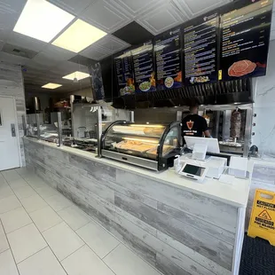 a view of a restaurant counter