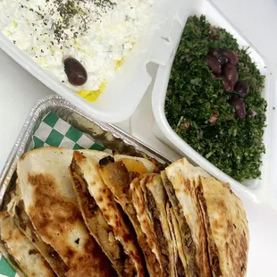 Beef Or Chicken Or Mix quesadilla. Medium Taboouli Salad, Medium Jajeek Salad