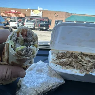 Beef Shawarma Sandwich. Medium Chicken Hummus W/ Pita Bread