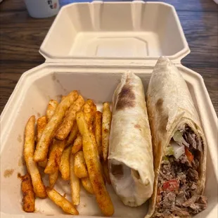 Takeout lamb shawarma with a bit of fries