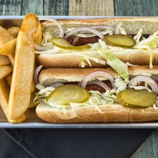 two hot dogs and french fries