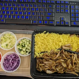$26 Shwarma plate and condiment size salads.