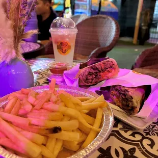 fries, shawarma, and lemonade