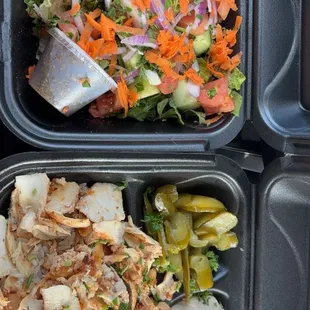 Hummus, chicken Shwarma and salad, lunch.