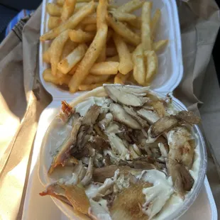 Yum! Hummus topped with chicken and fries.