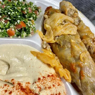 Cabbage Rolls with hummus and Tabouli