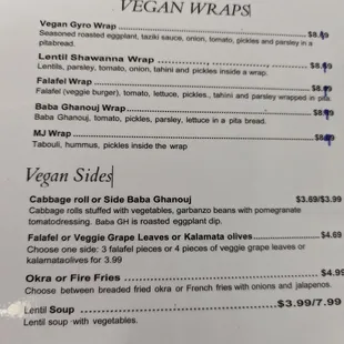Vegan menu side 1, it's all delicious