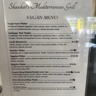 Vegan menu