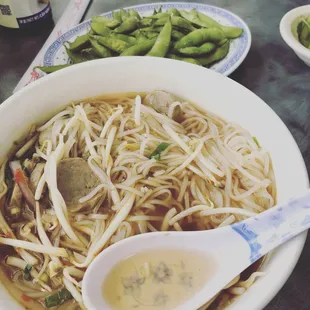 Meatball Pho and edamame