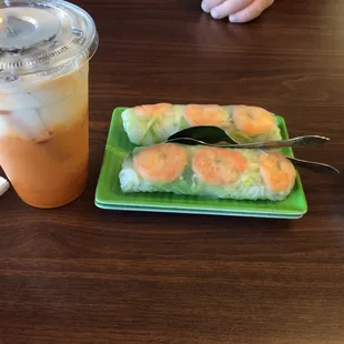 Bubble tea and spring rolls.