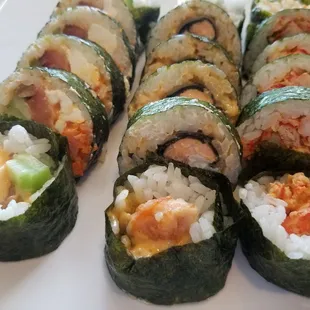 Spicy smoked salmon, tootsie roll, Cajun roll