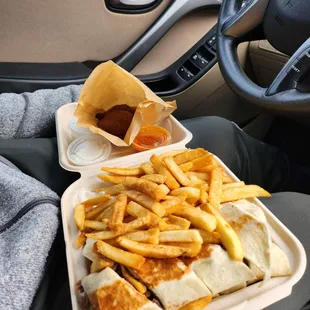 Beef Arabi, fries, beef kibbe