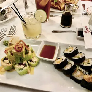 California Roll (left), Shrimp Tempura (right) &amp; PALOMA SPIRTZ signature cocktail (back)