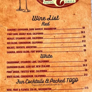Drink menu