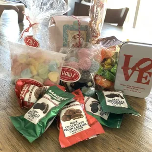 Mints, coffee, chocolate treats, sweethearts, vegan guava sour strips, bacon pop.