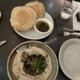 Wild mushroom hummus, CRISPY HALLOUMI,  WILD MUSHROOM HUMMUS