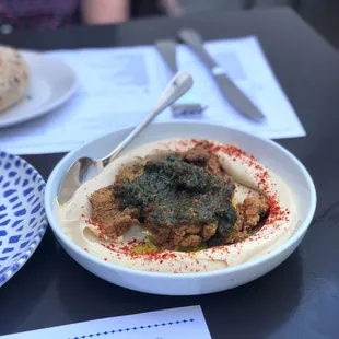 Fried Chicken Hummus with Date Salsa Verde (Must have!)