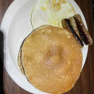 Pancakes, eggs, sausage